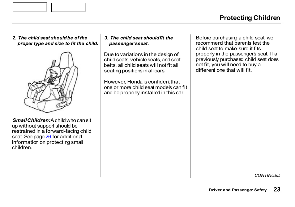 Protecting children | HONDA 2000 Insight  - Owner's Manual User Manual | Page 26 / 262