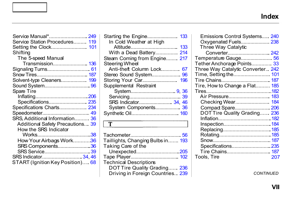 Index | HONDA 2000 Insight  - Owner's Manual User Manual | Page 260 / 262