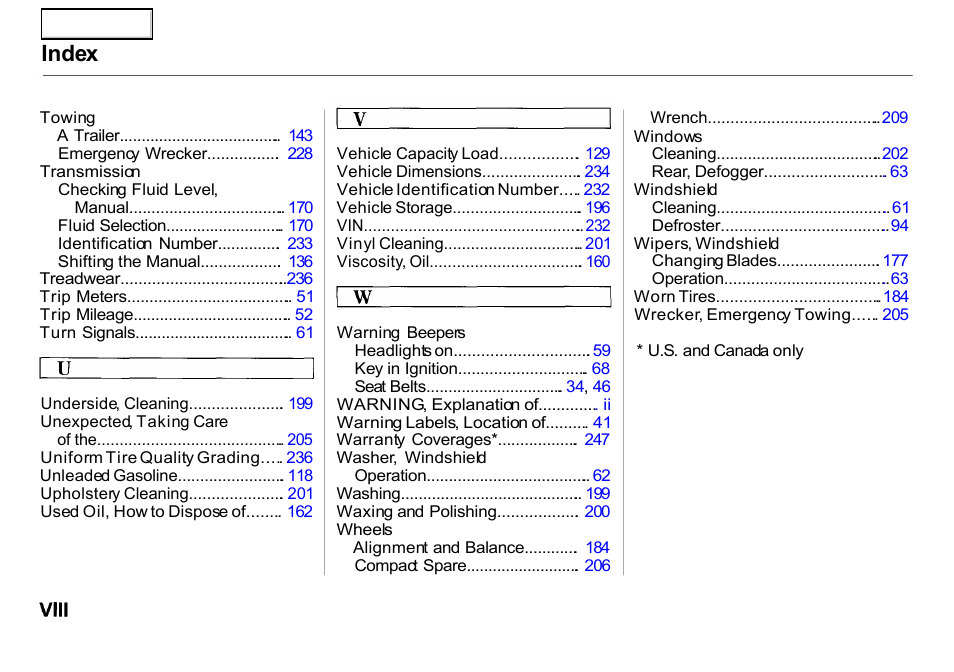 Index | HONDA 2000 Insight  - Owner's Manual User Manual | Page 261 / 262