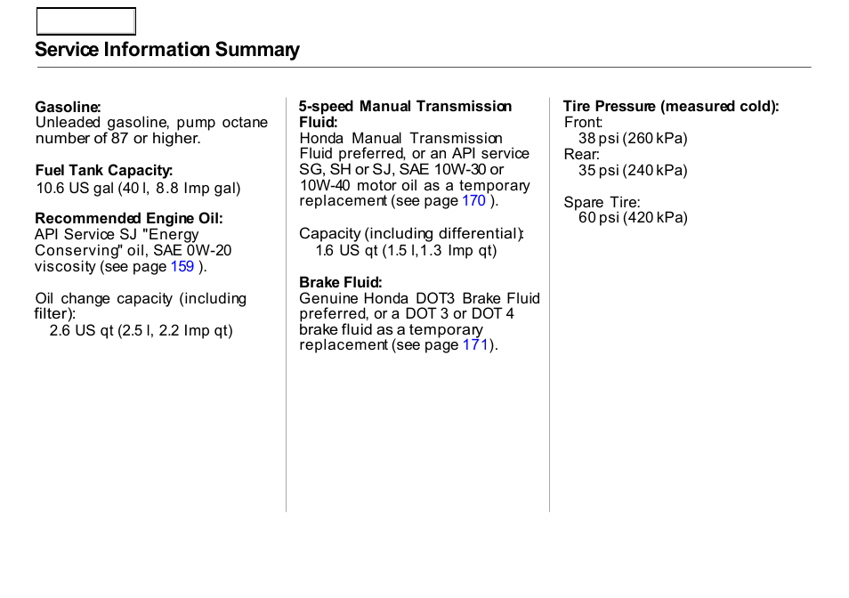 Service information summary | HONDA 2000 Insight  - Owner's Manual User Manual | Page 262 / 262