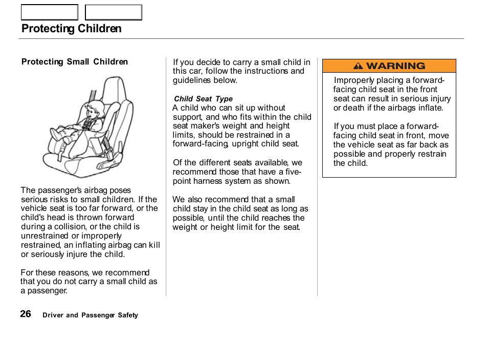 Protecting children | HONDA 2000 Insight  - Owner's Manual User Manual | Page 29 / 262