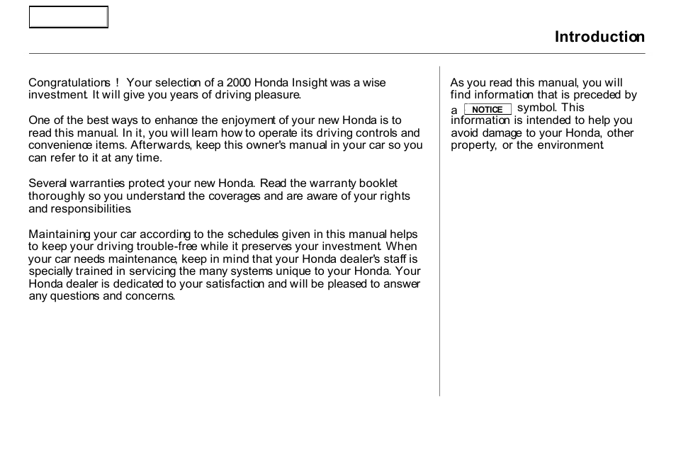 Introduction | HONDA 2000 Insight  - Owner's Manual User Manual | Page 3 / 262