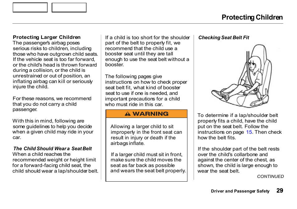 Protecting children | HONDA 2000 Insight  - Owner's Manual User Manual | Page 32 / 262