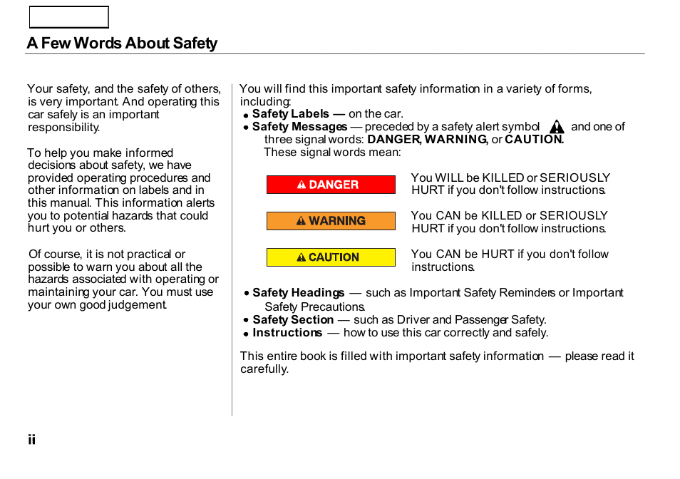 A few words about safety | HONDA 2000 Insight  - Owner's Manual User Manual | Page 4 / 262