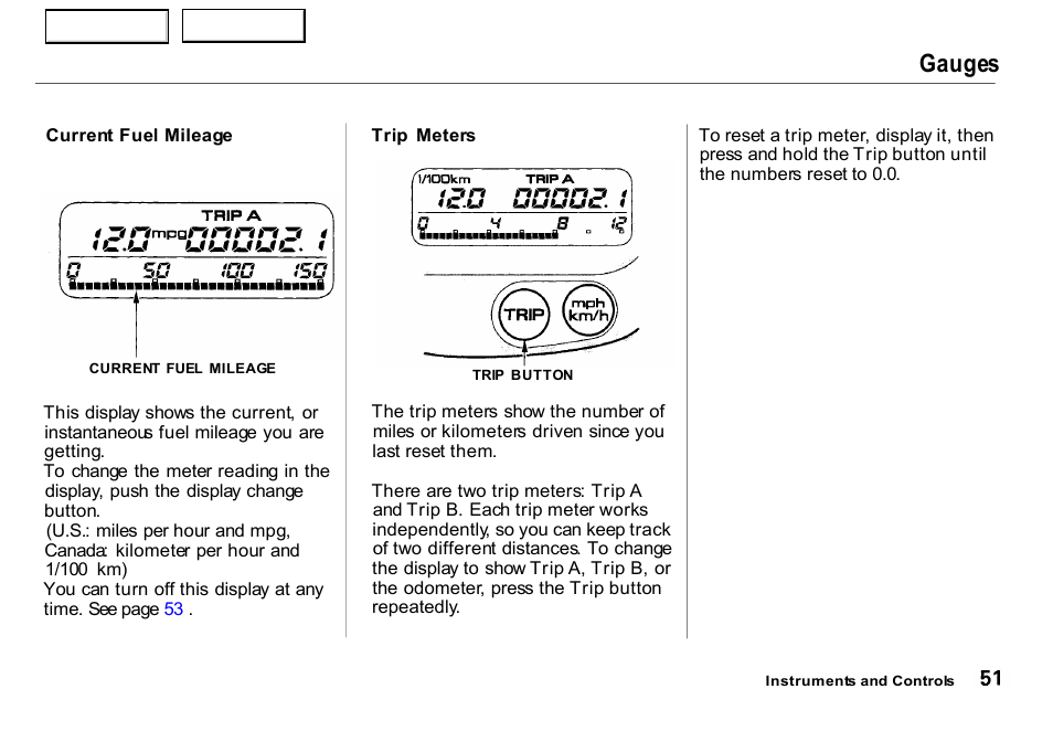 Gauges | HONDA 2000 Insight  - Owner's Manual User Manual | Page 54 / 262