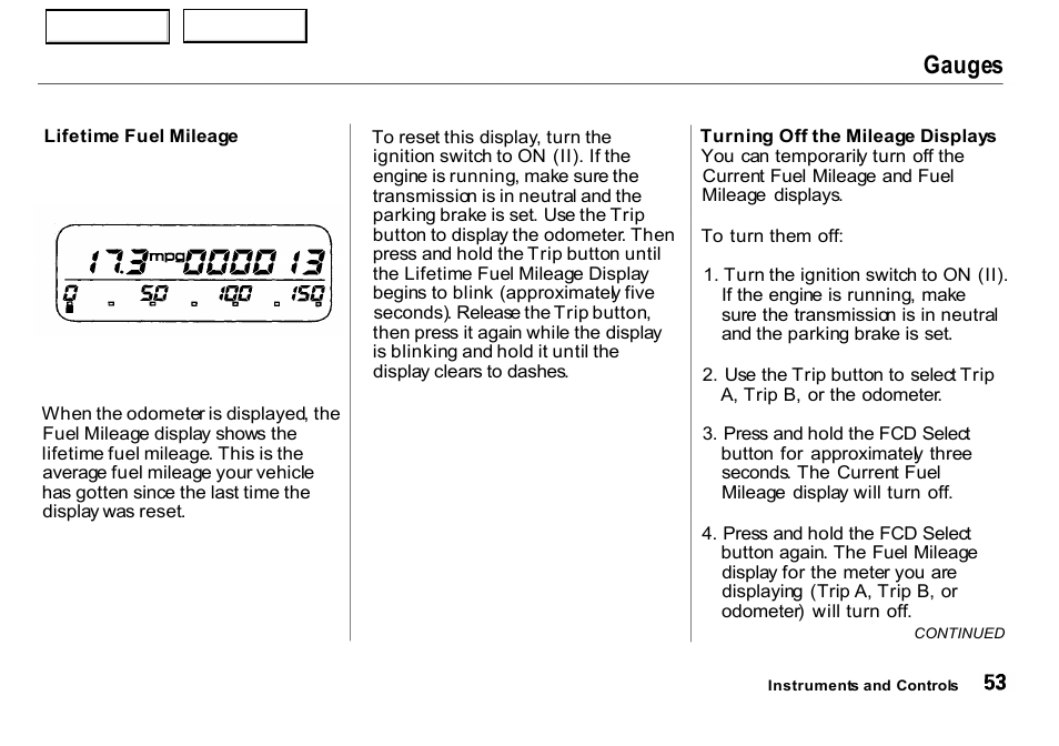 Displays, Gauges | HONDA 2000 Insight  - Owner's Manual User Manual | Page 56 / 262