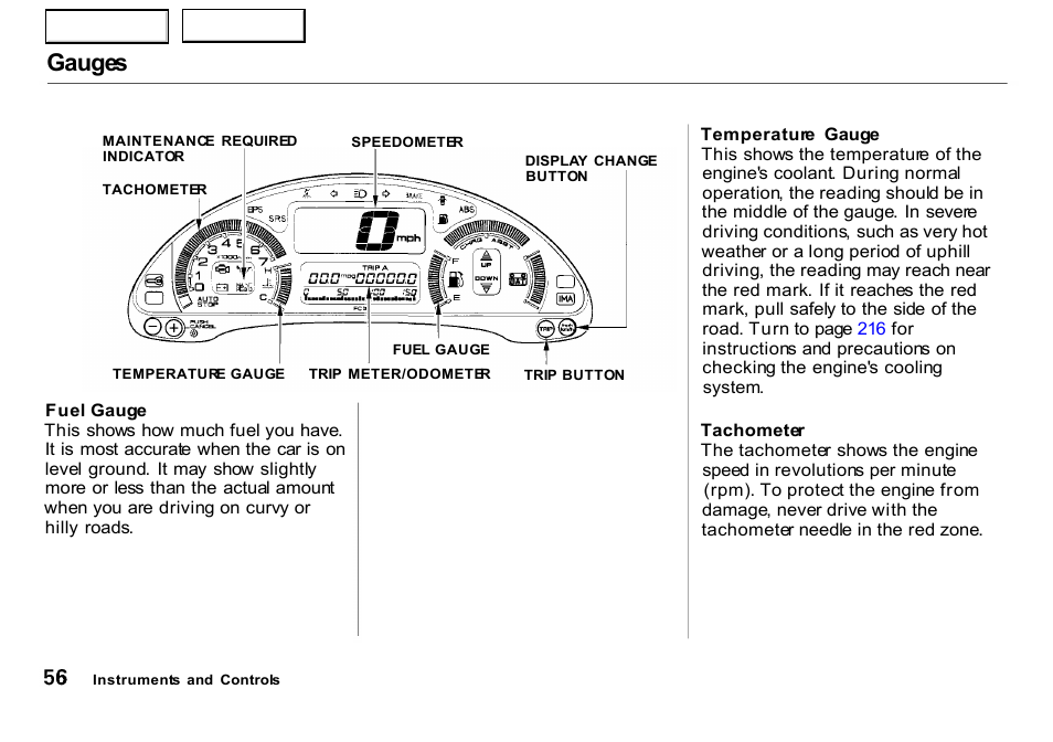 Gauges | HONDA 2000 Insight  - Owner's Manual User Manual | Page 59 / 262