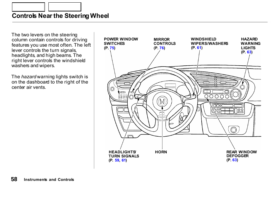 Controls near the steering wheel | HONDA 2000 Insight  - Owner's Manual User Manual | Page 61 / 262