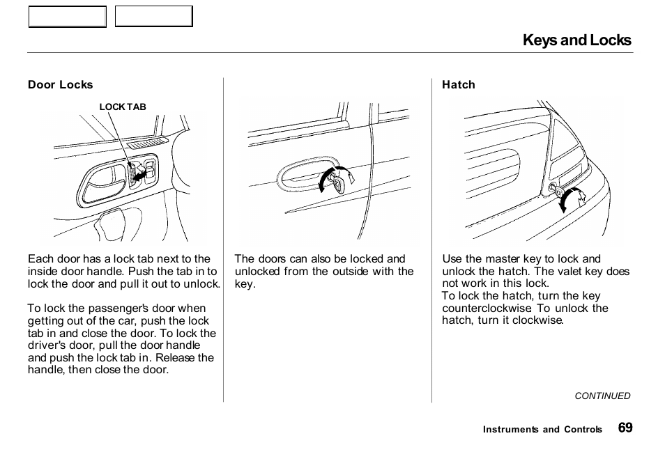 Hatch, Keys and locks | HONDA 2000 Insight  - Owner's Manual User Manual | Page 72 / 262