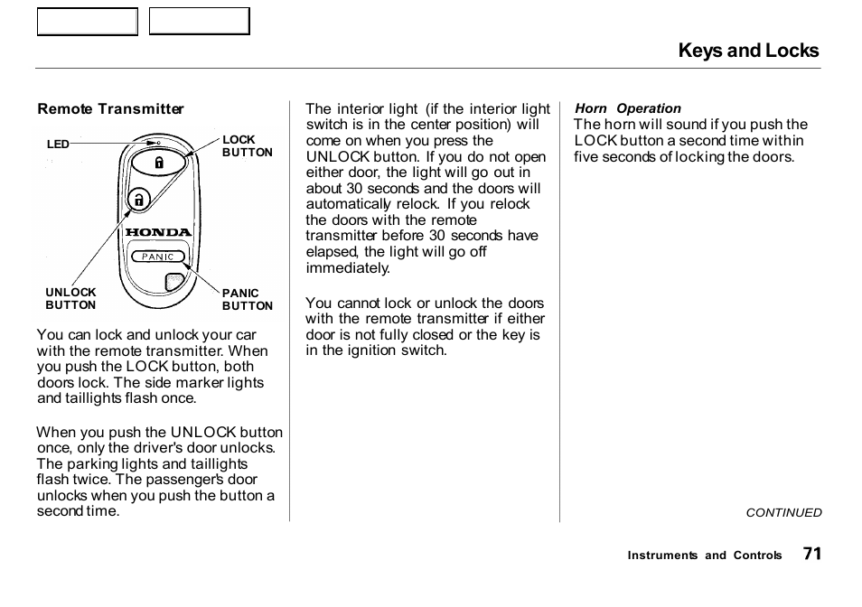 Keys and locks | HONDA 2000 Insight  - Owner's Manual User Manual | Page 74 / 262