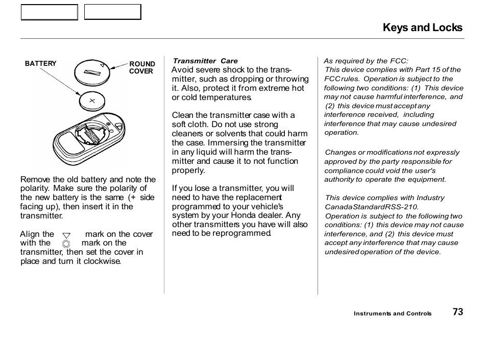 Keys and locks | HONDA 2000 Insight  - Owner's Manual User Manual | Page 76 / 262