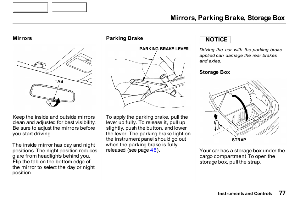 Mirrors, parking brake, storage box | HONDA 2000 Insight  - Owner's Manual User Manual | Page 80 / 262