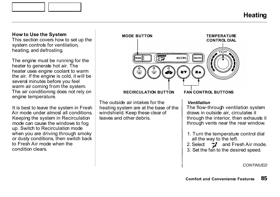 Heating | HONDA 2000 Insight  - Owner's Manual User Manual | Page 88 / 262