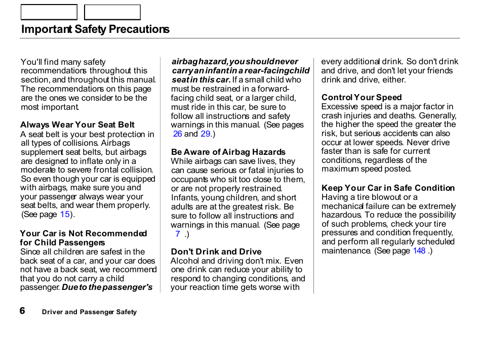 Important safety precautions | HONDA 2000 Insight  - Owner's Manual User Manual | Page 9 / 262