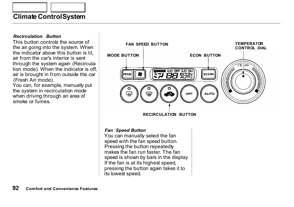 Climate control system | HONDA 2000 Insight  - Owner's Manual User Manual | Page 95 / 262