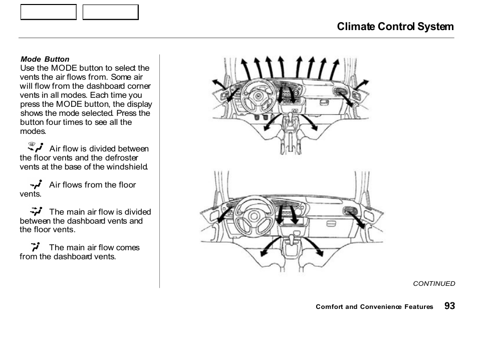 Climate control system | HONDA 2000 Insight  - Owner's Manual User Manual | Page 96 / 262