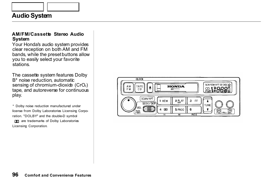 Audio system | HONDA 2000 Insight  - Owner's Manual User Manual | Page 99 / 262