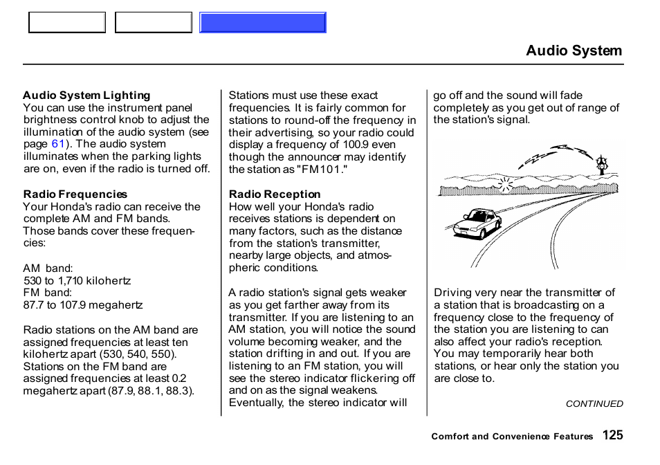 Audio system | HONDA 2000 CR-V - Owner's Manual User Manual | Page 129 / 322