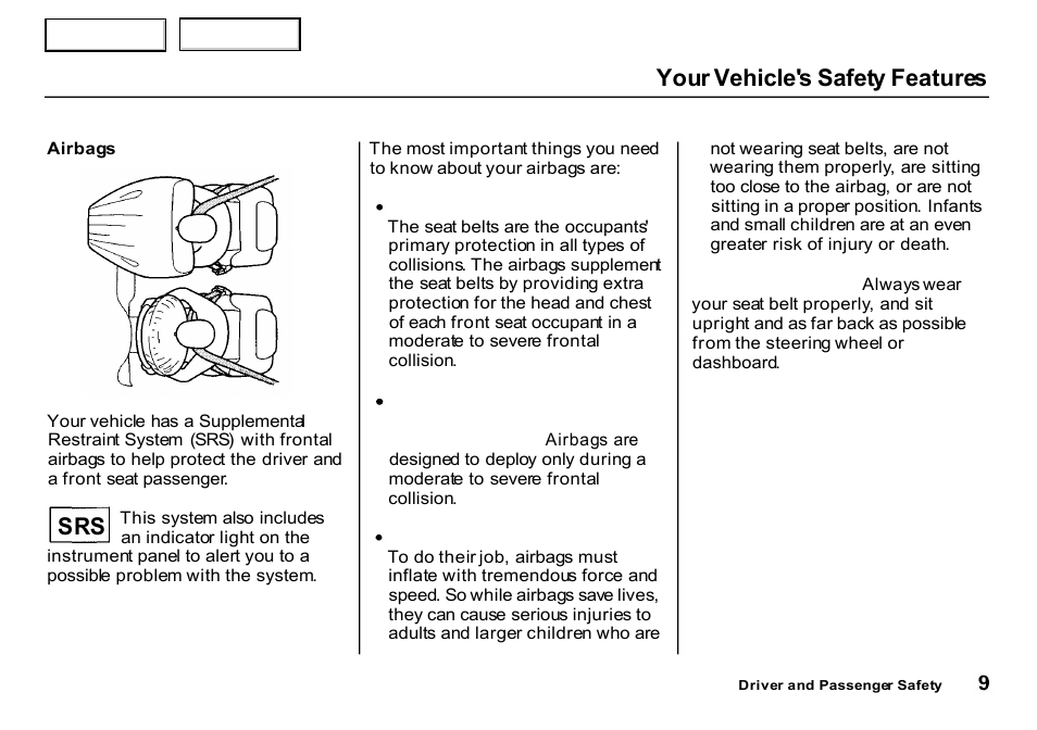 Airbags, Your vehicle's safety features, S r s | HONDA 2000 CR-V - Owner's Manual User Manual | Page 13 / 322