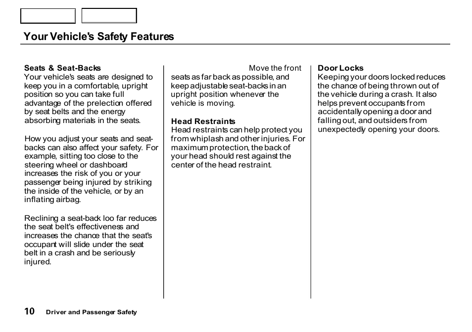 Your vehicle's safety features | HONDA 2000 CR-V - Owner's Manual User Manual | Page 14 / 322