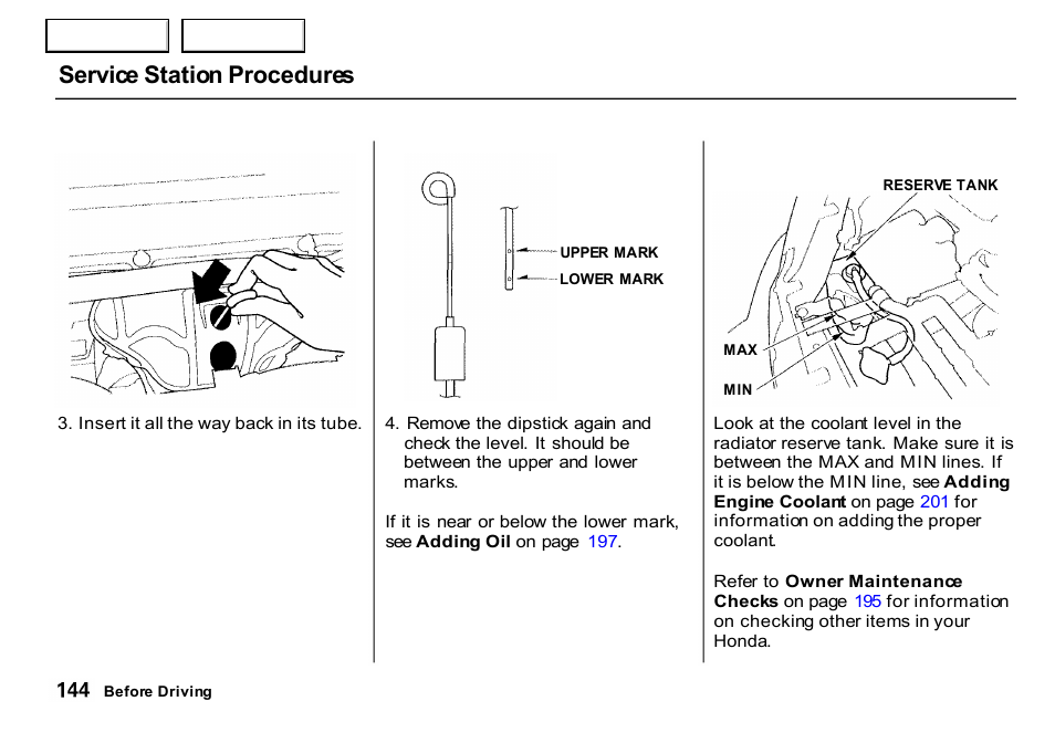 Service station procedures | HONDA 2000 CR-V - Owner's Manual User Manual | Page 148 / 322