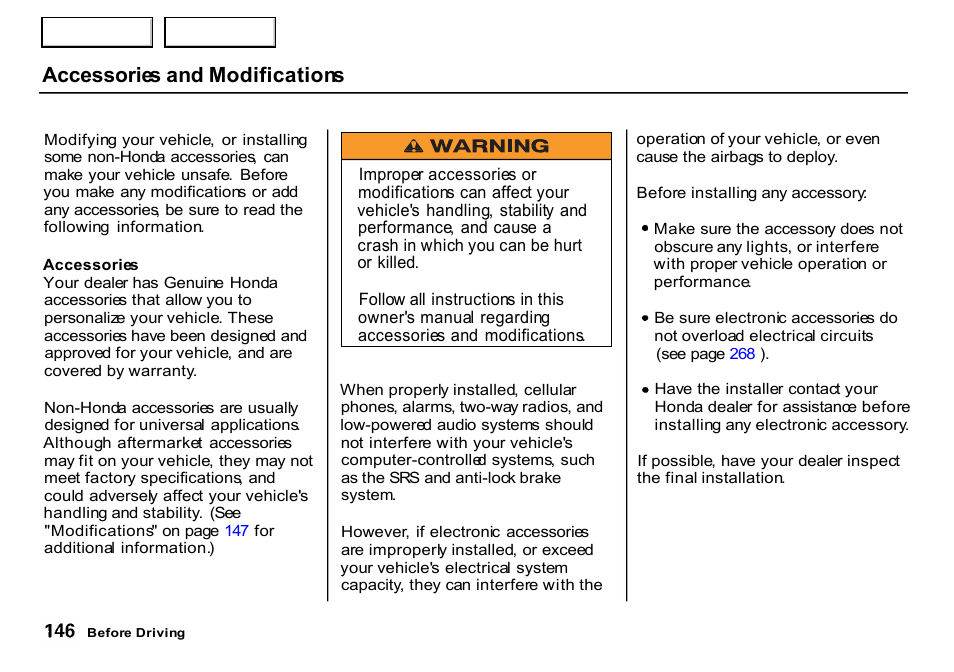 Accessories and modifications | HONDA 2000 CR-V - Owner's Manual User Manual | Page 150 / 322