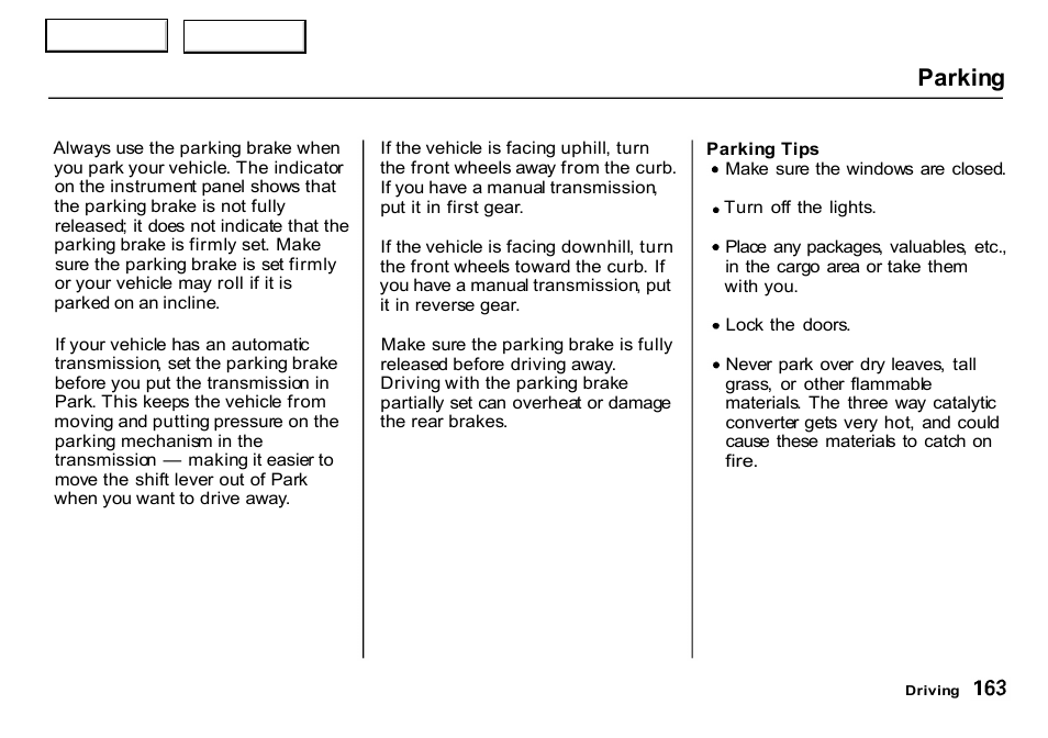 Parking | HONDA 2000 CR-V - Owner's Manual User Manual | Page 167 / 322