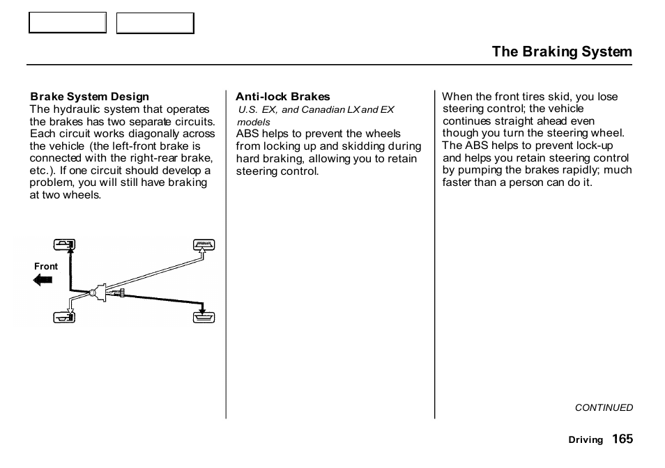 The braking system | HONDA 2000 CR-V - Owner's Manual User Manual | Page 169 / 322