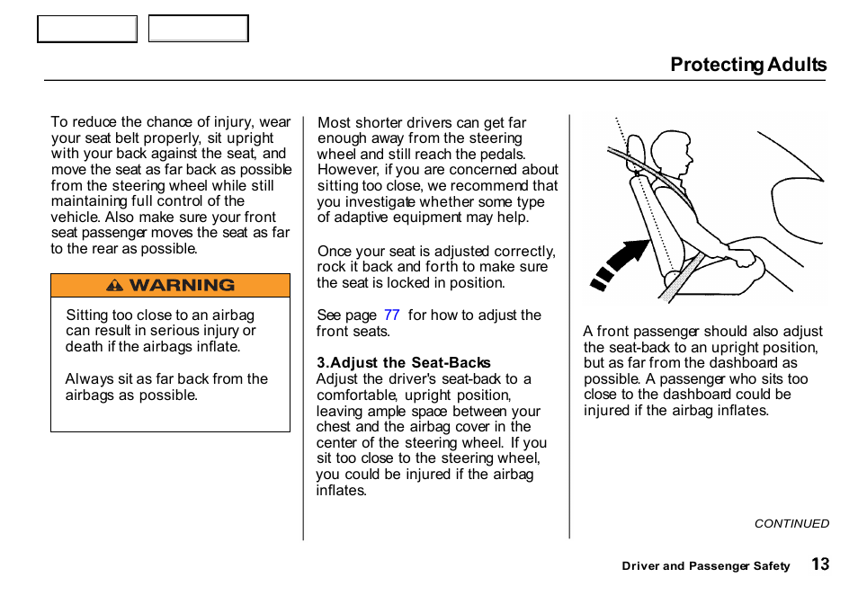 Protecting adults | HONDA 2000 CR-V - Owner's Manual User Manual | Page 17 / 322