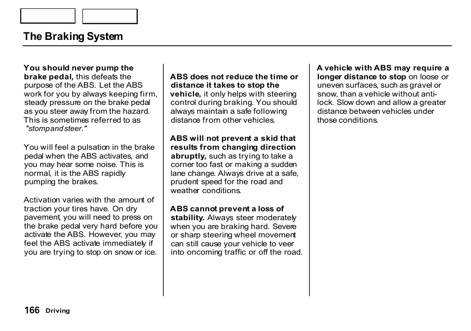 The braking system | HONDA 2000 CR-V - Owner's Manual User Manual | Page 170 / 322