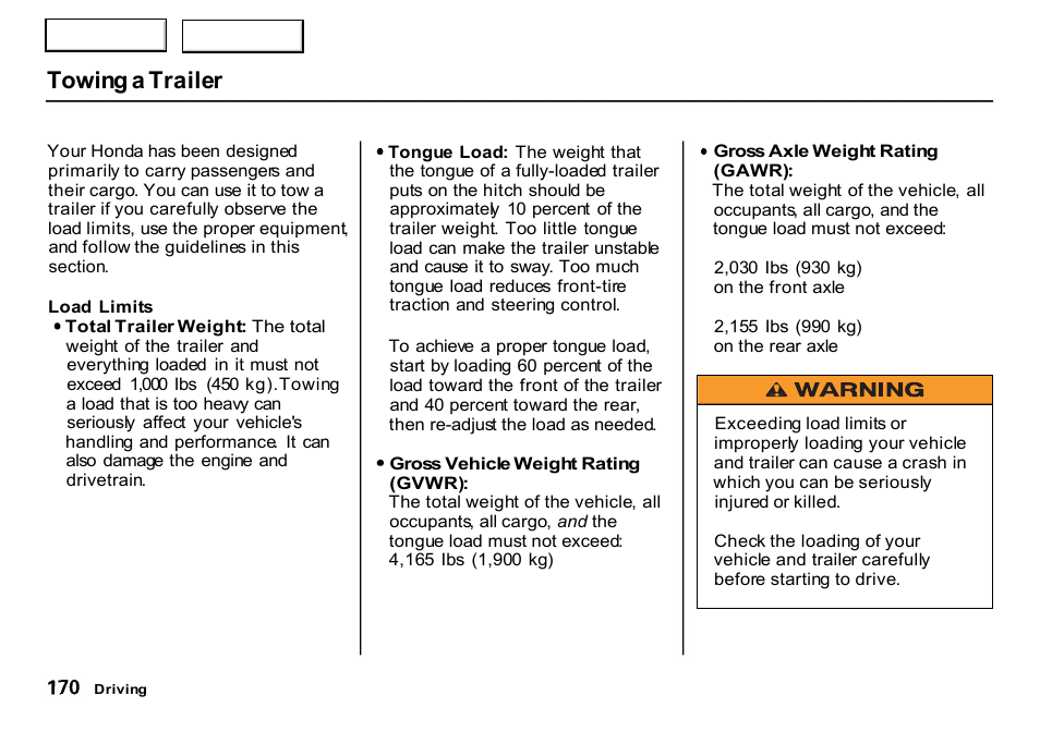 Towing a trailer | HONDA 2000 CR-V - Owner's Manual User Manual | Page 174 / 322