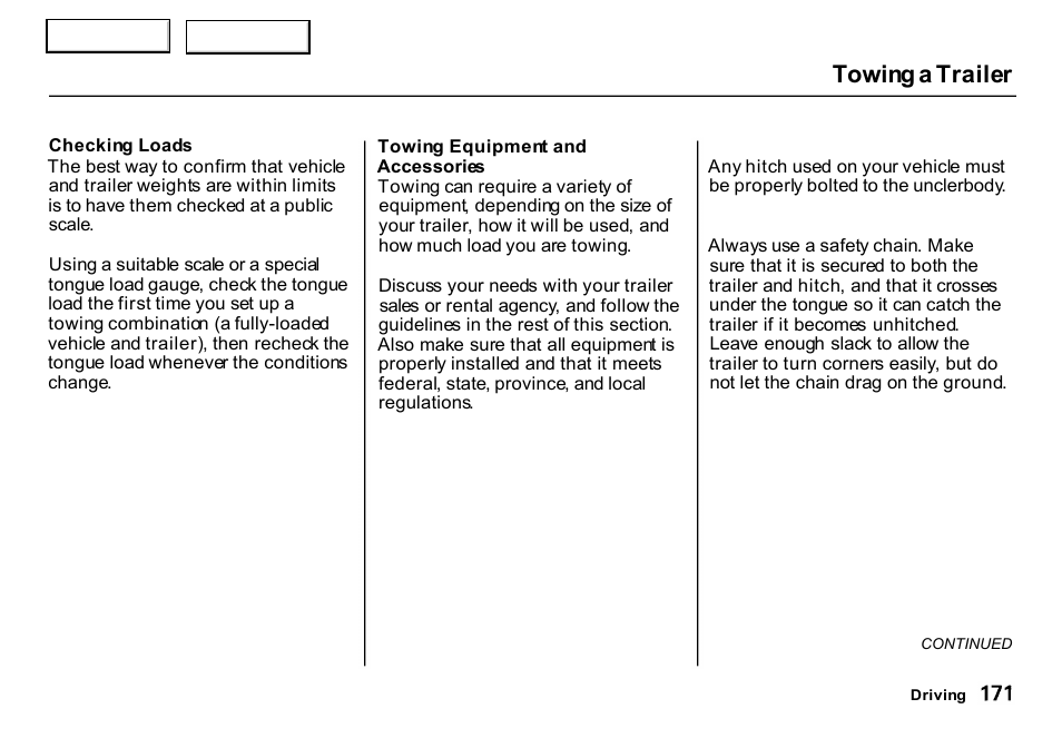 Towing a trailer | HONDA 2000 CR-V - Owner's Manual User Manual | Page 175 / 322