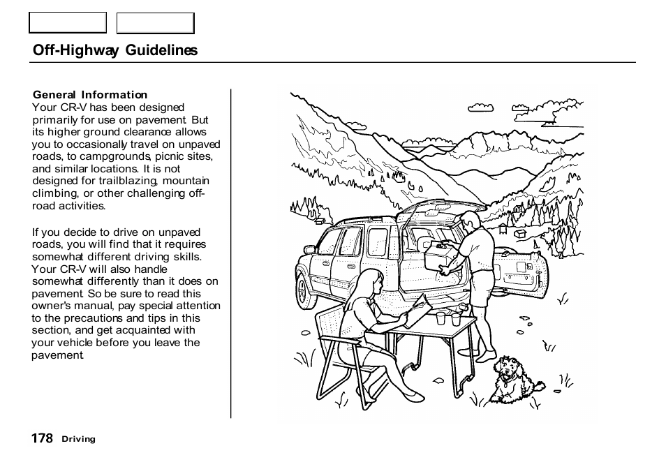 Off-highway guidelines | HONDA 2000 CR-V - Owner's Manual User Manual | Page 182 / 322