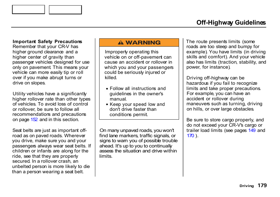 Off-highway guidelines | HONDA 2000 CR-V - Owner's Manual User Manual | Page 183 / 322