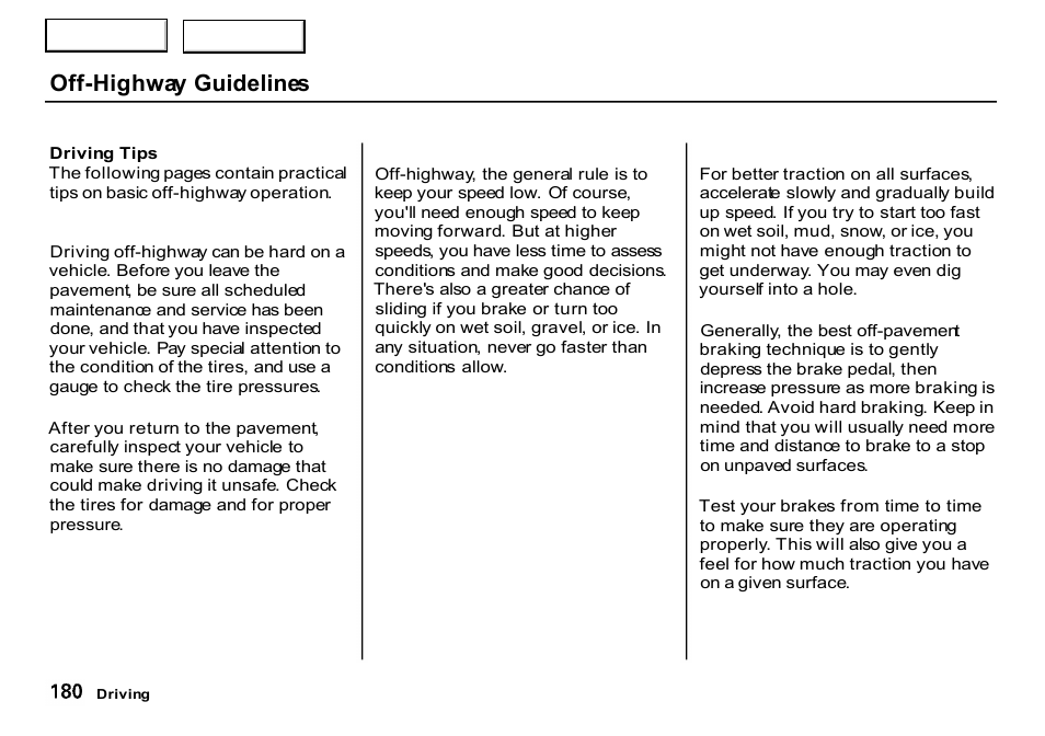 Off-highway guidelines | HONDA 2000 CR-V - Owner's Manual User Manual | Page 184 / 322