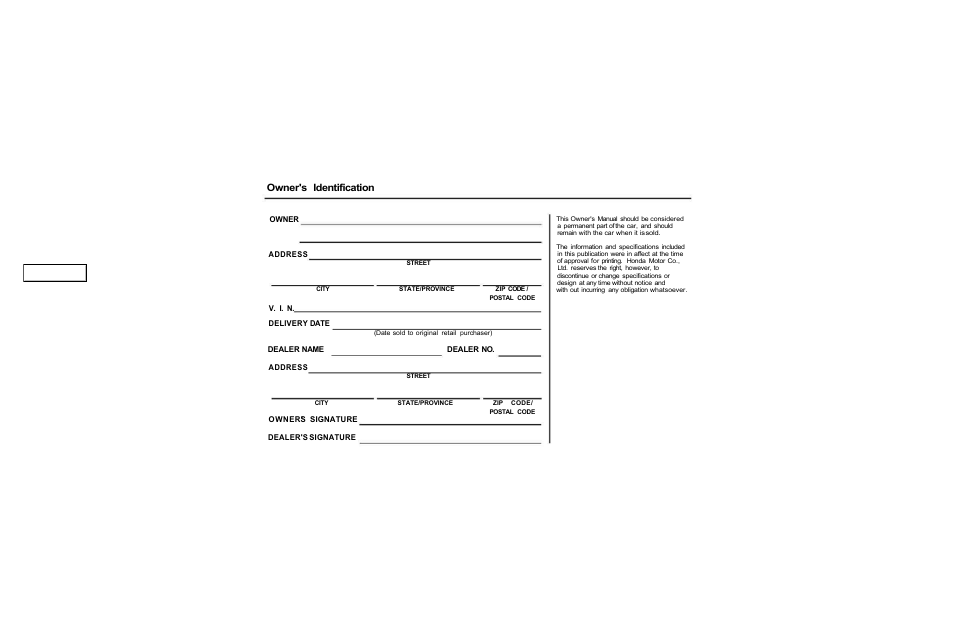 Owner's identification form, Owner's identification | HONDA 2000 CR-V - Owner's Manual User Manual | Page 2 / 322