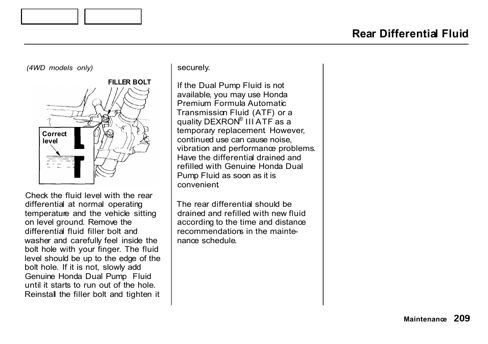 Rear differential fluid | HONDA 2000 CR-V - Owner's Manual User Manual | Page 213 / 322