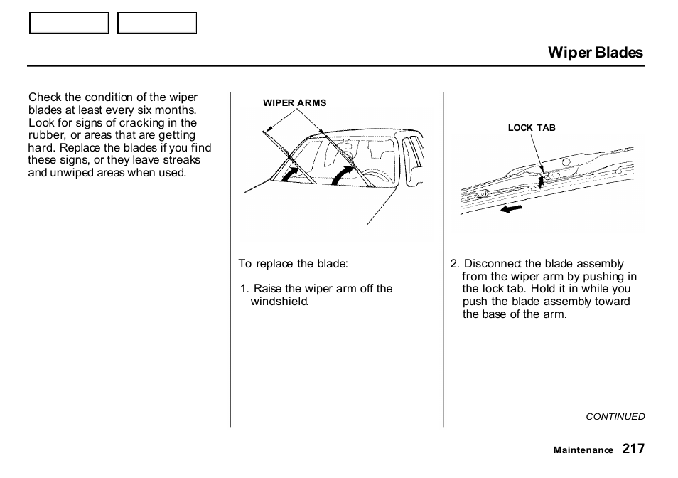 Wiper blades | HONDA 2000 CR-V - Owner's Manual User Manual | Page 221 / 322