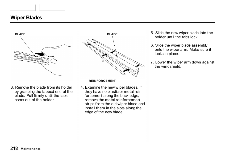 Wiper blades | HONDA 2000 CR-V - Owner's Manual User Manual | Page 222 / 322