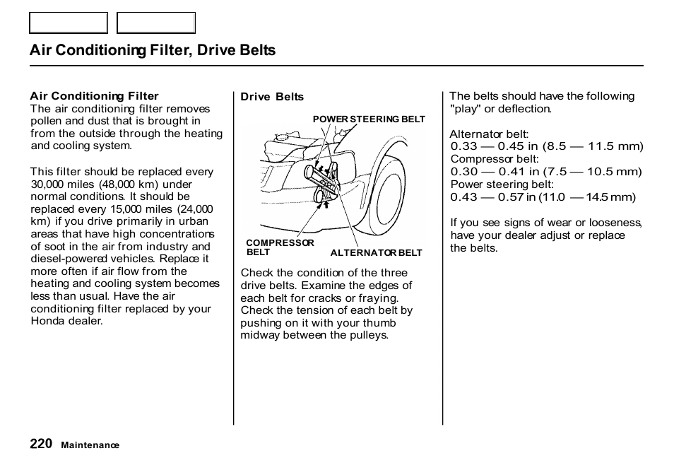 Air conditioning filter, drive belts | HONDA 2000 CR-V - Owner's Manual User Manual | Page 224 / 322