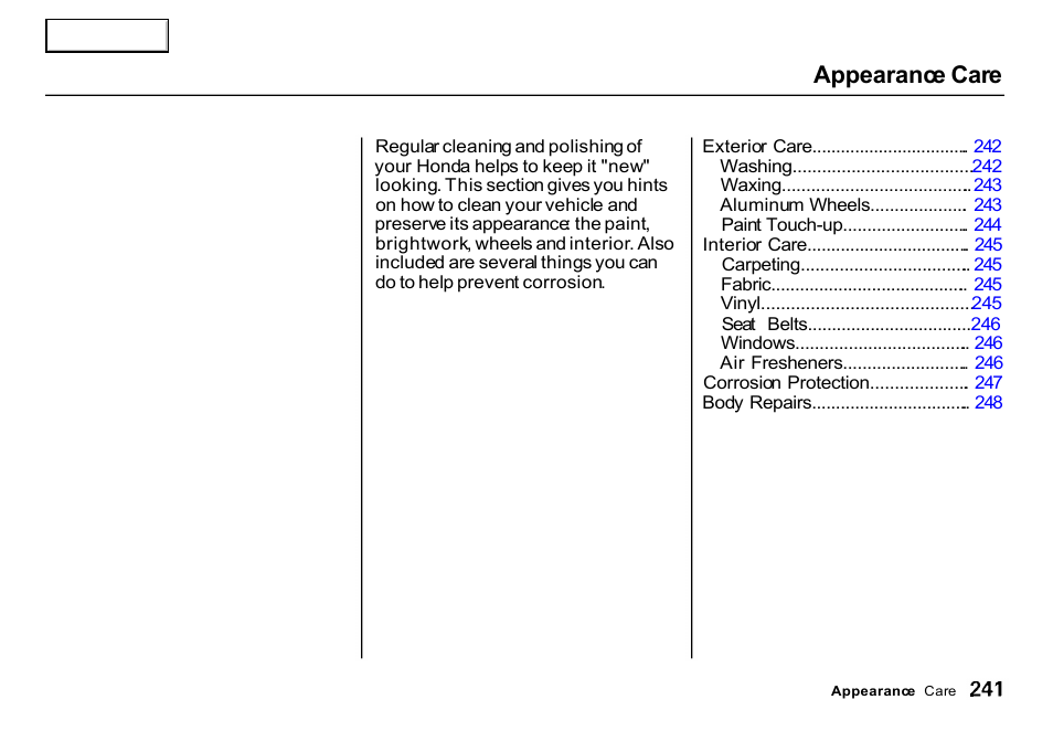 Appearance care | HONDA 2000 CR-V - Owner's Manual User Manual | Page 245 / 322