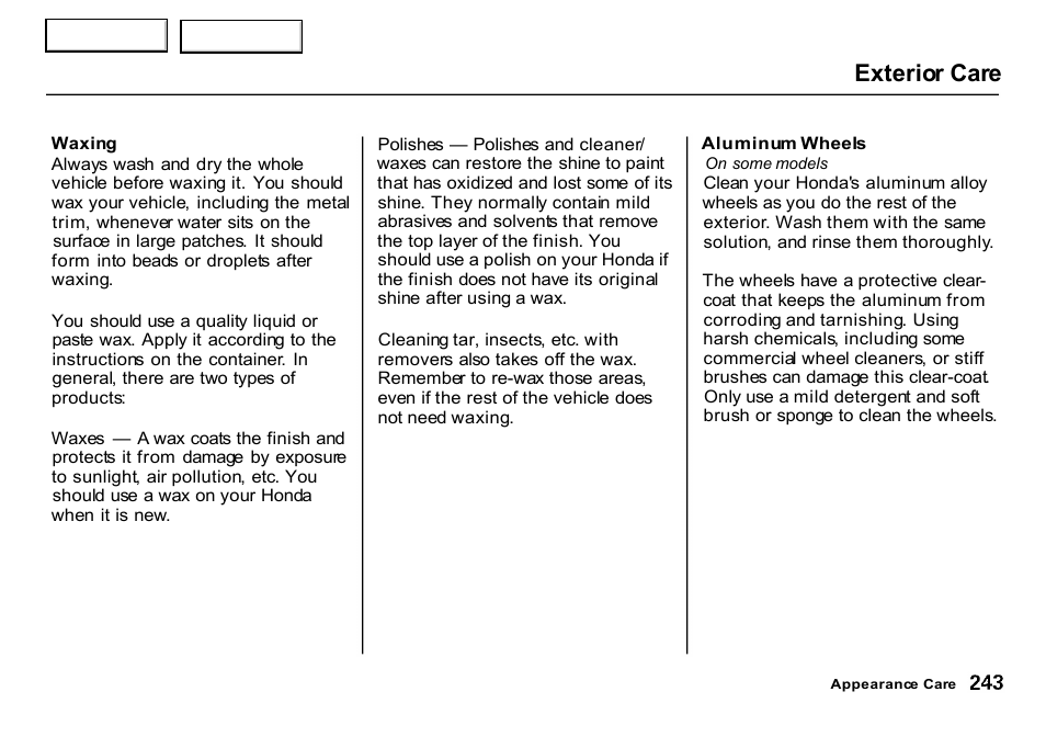 Exterior care | HONDA 2000 CR-V - Owner's Manual User Manual | Page 247 / 322