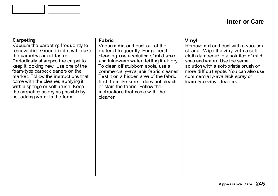 Vinyl, Interior care | HONDA 2000 CR-V - Owner's Manual User Manual | Page 249 / 322