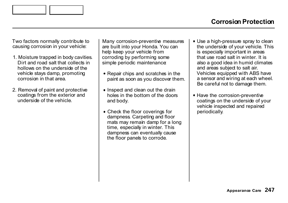 Corrosion protection | HONDA 2000 CR-V - Owner's Manual User Manual | Page 251 / 322