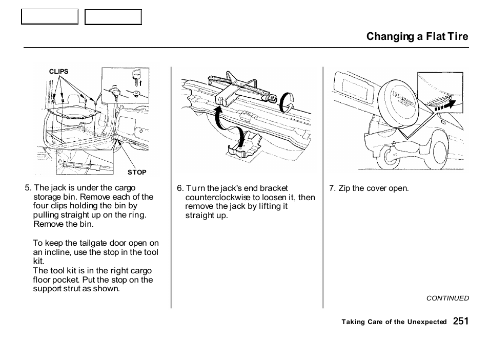 Changing a flat tire | HONDA 2000 CR-V - Owner's Manual User Manual | Page 255 / 322