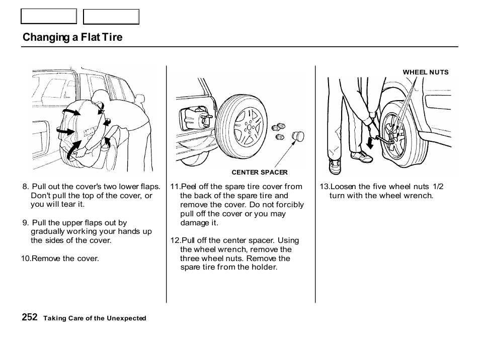 Changing a flat tire | HONDA 2000 CR-V - Owner's Manual User Manual | Page 256 / 322