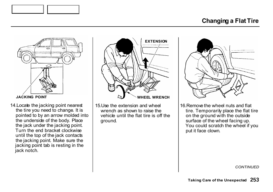 Changing a flat tire | HONDA 2000 CR-V - Owner's Manual User Manual | Page 257 / 322