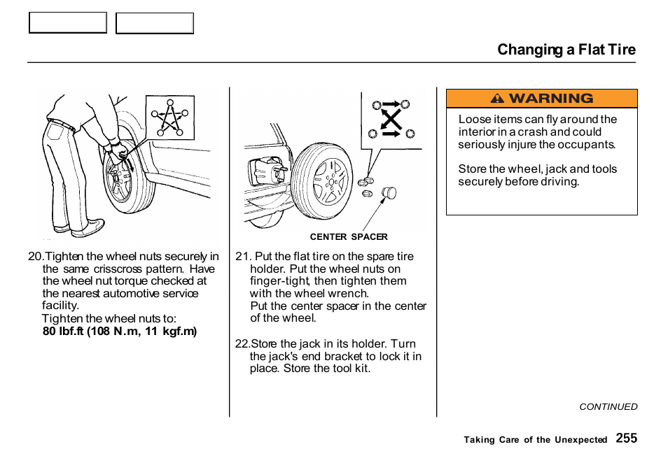 Changing a flat tire | HONDA 2000 CR-V - Owner's Manual User Manual | Page 259 / 322