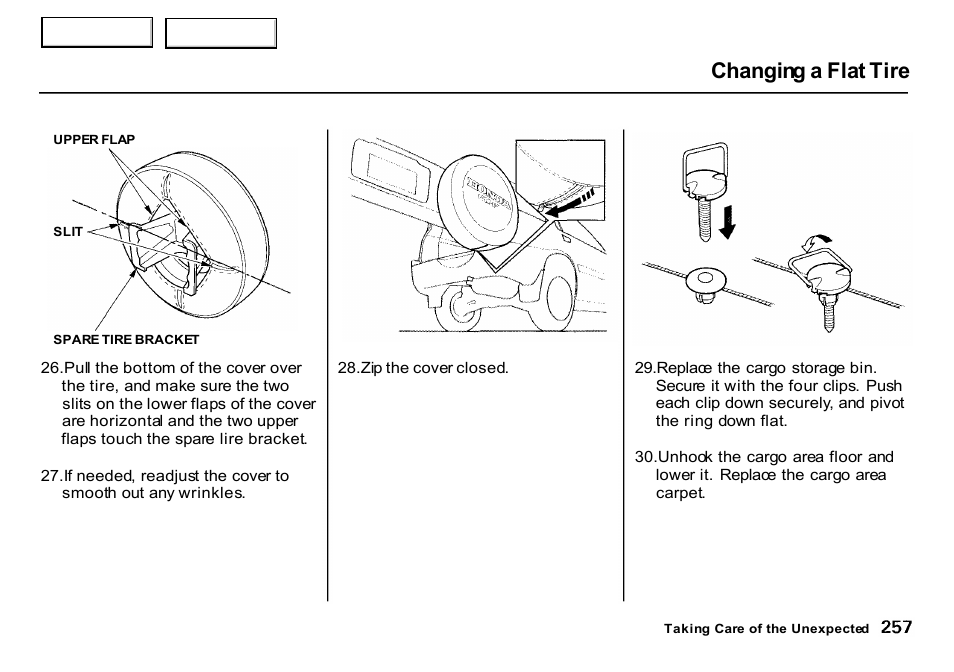 Changing a flat tire | HONDA 2000 CR-V - Owner's Manual User Manual | Page 261 / 322