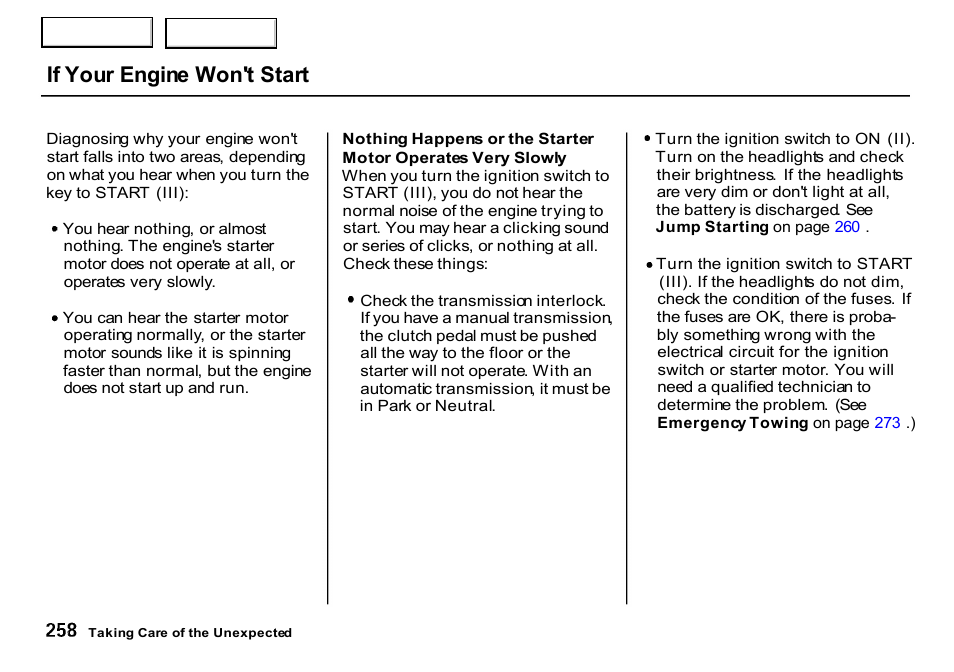 Slowly, If your engine won't start | HONDA 2000 CR-V - Owner's Manual User Manual | Page 262 / 322